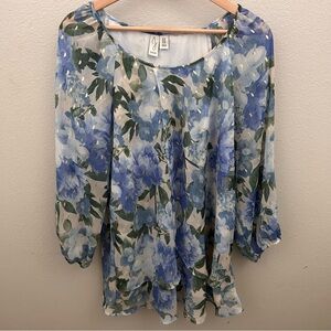 Joie Floral Blue Sheer-Lined Flowy Women's Top 1X